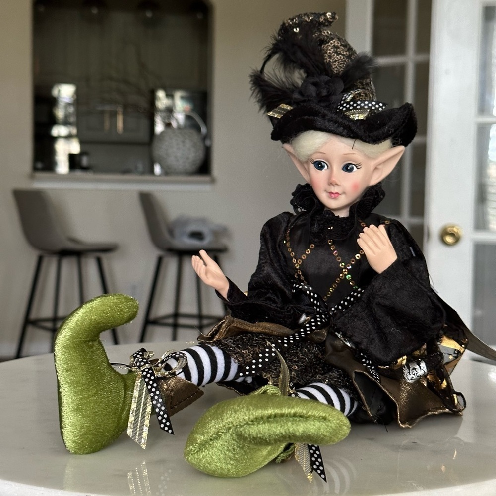 Halloween Elf Miss Match Witch Doll Shelf sitter/18” Black Gold Dress NWT - Picture 5 of 9
